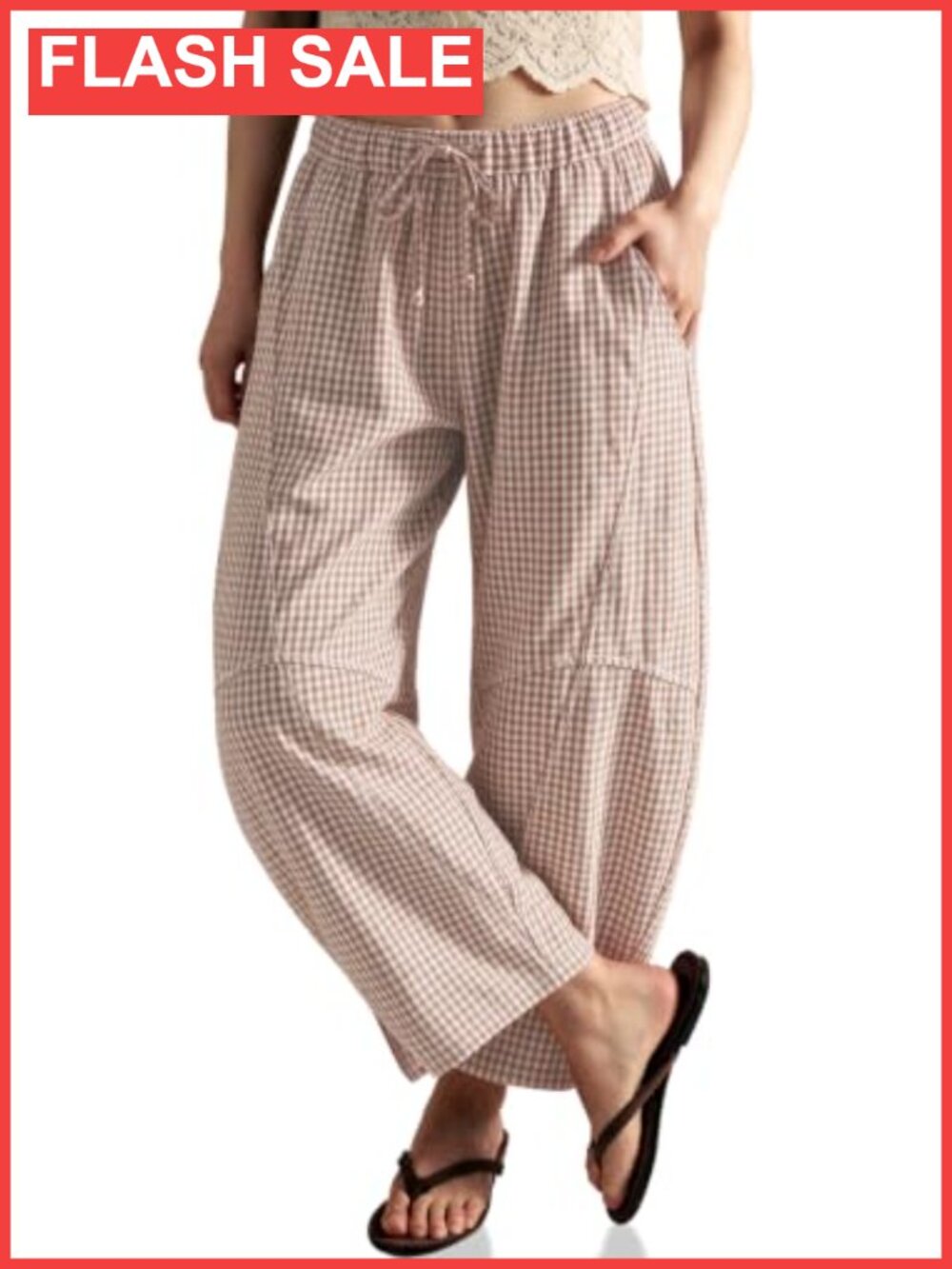 Womens Linen Gingham Barrel Pants High Waist Drawstring Trousers